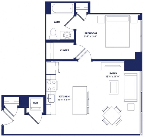 Floor plan for 1 bed, 1 bath, 651 sqft
